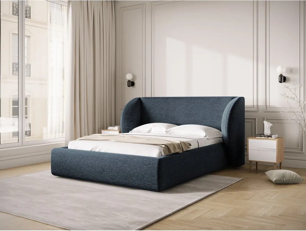 Letto matrimoniale imbottito in blu scuro con contenitore con rete inclusa 200x200 cm Miley – Micadoni