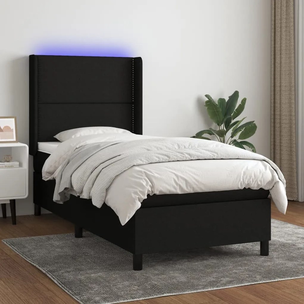 Letto A Molle Con Materasso E Led Nero 90x200 Cm İn Tessuto /