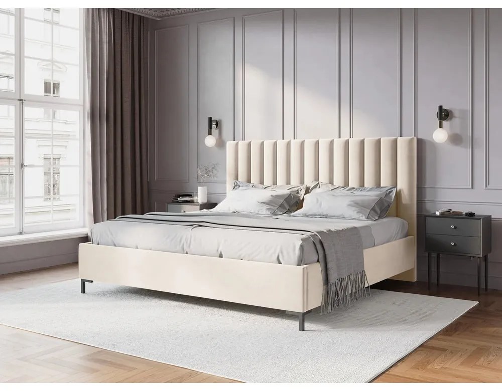 Letto matrimoniale imbottito beige con contenitore con griglia 160x200 cm Casey - Mazzini Beds