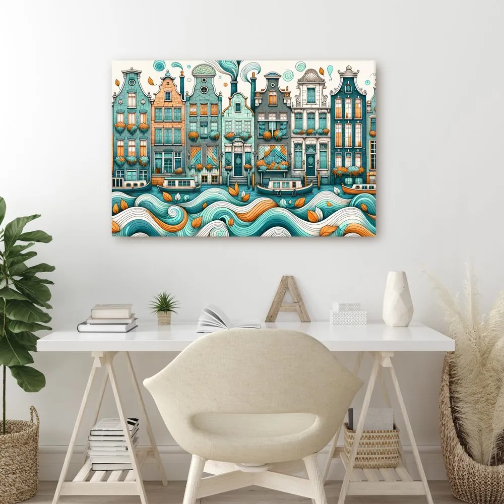 Quadro su tela – Case colorate lungo un canale ondulato