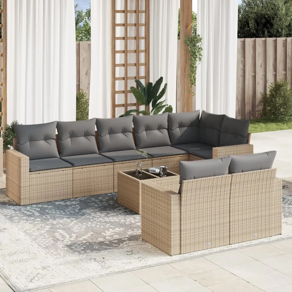 Set divano da giardino 9 pz con cuscini beige in polyrattan