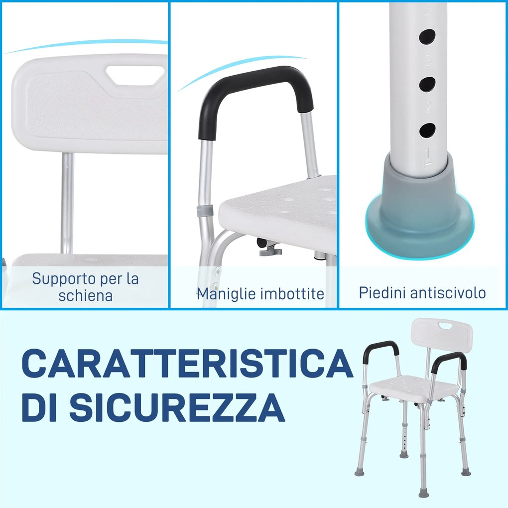 Sedia per Doccia 51,5x51,5x71-84 cm Altezza Regolabile e Piedini Antiscivolo in Alluminio Bianco...
