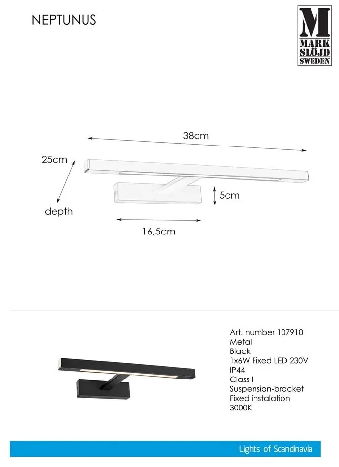 Applique a LED nera (lunghezza 38 cm) Neptunus - Markslöjd