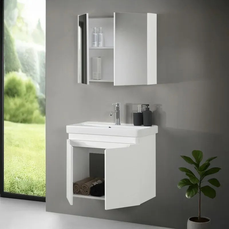 Mobile bagno sospeso 70 cm bianco lucido con armadietto a specchio Clip