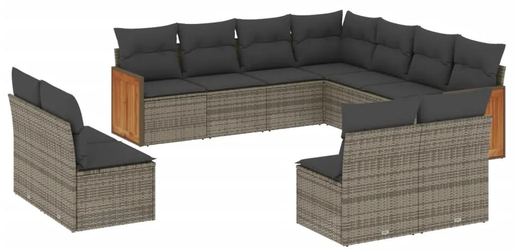 Set divani da giardino 11 pz con cuscini in polyrattan grigio