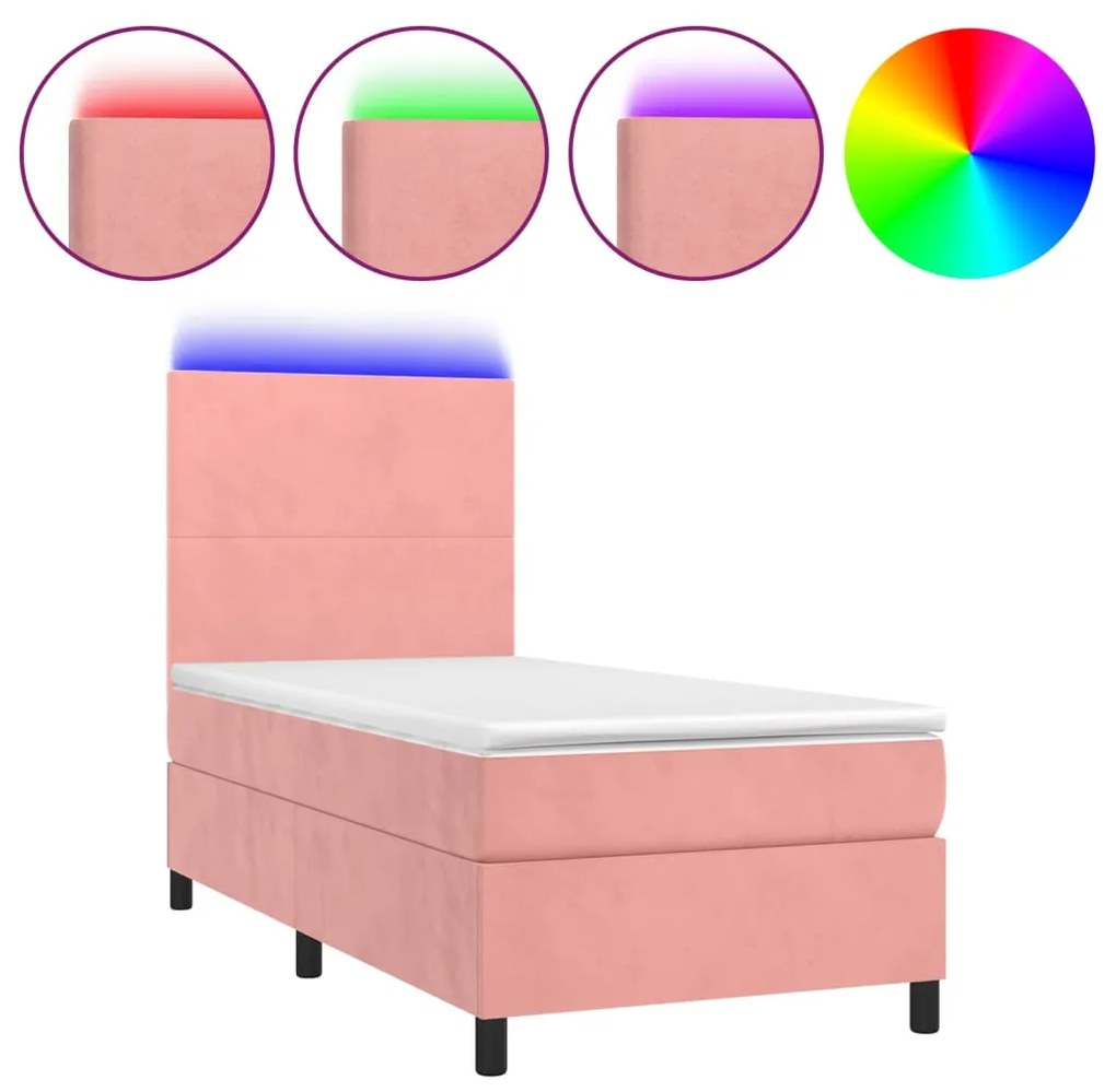 Letto a molle con materasso e led rosa 80x200 cm in velluto