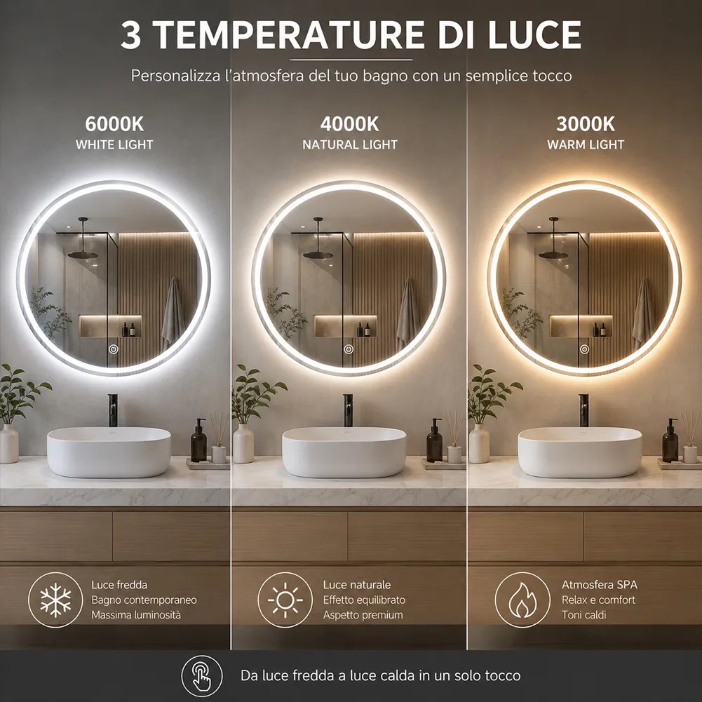 Specchio Rotondo Ø60cm LED a 3 Colori Dimmerabile Accensione Touch...