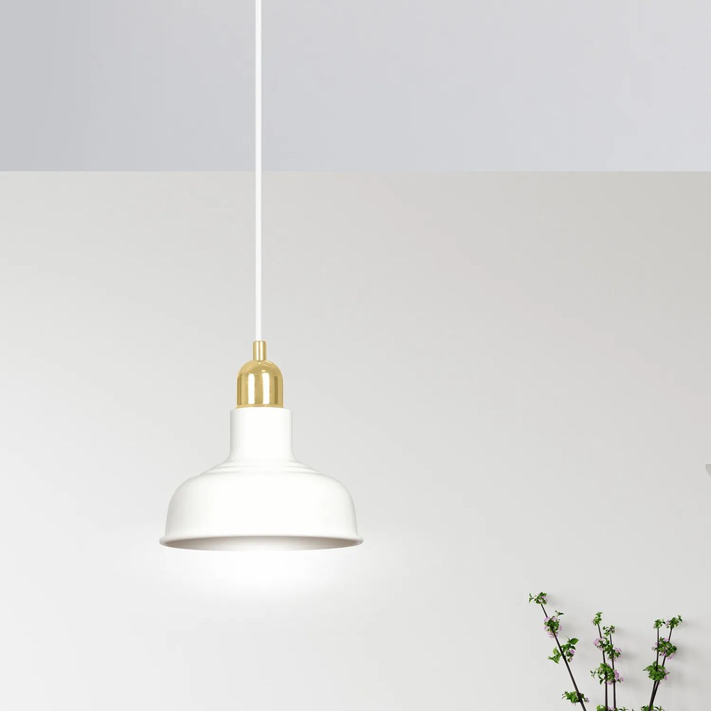 Sospensione Industrial 1 Luce Kubera In Acciaio Bianco Con Elementi In Oro