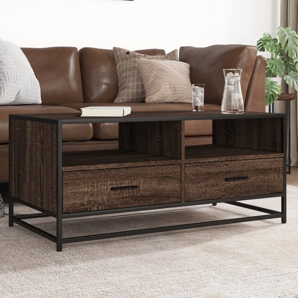 Tavolino Rovere Marrone 100x50x45cm Legno Multistrato E Metallo /