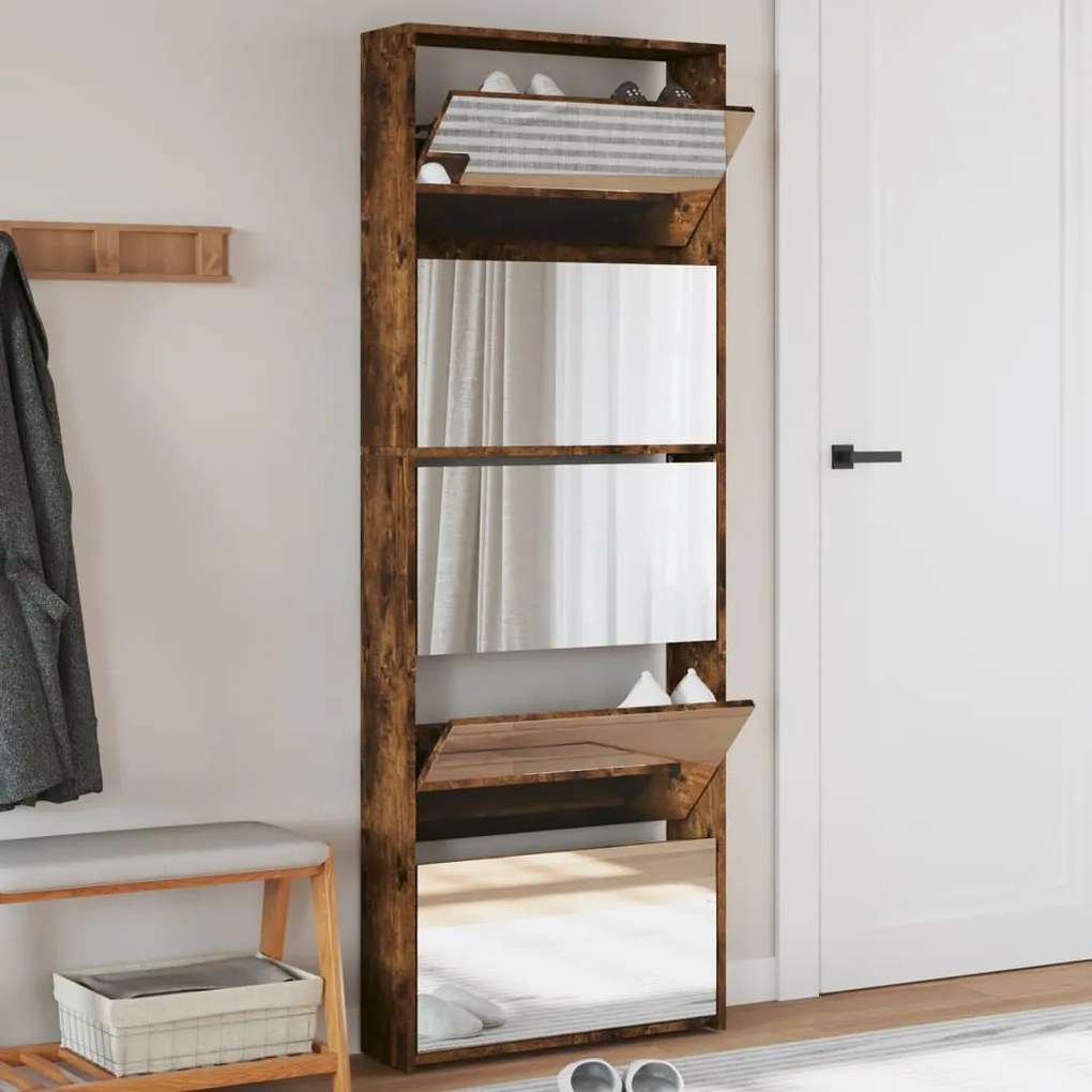 Scarpiera Con Specchio A 5 Livelli Rovere Fumo 63x17x169,5 Cm /