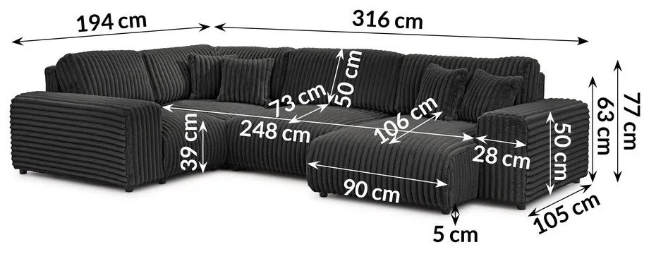 Divano angolare grigio scuro (con penisola a sinistra/a U) rivestito in velluto a coste Justin – Ropez