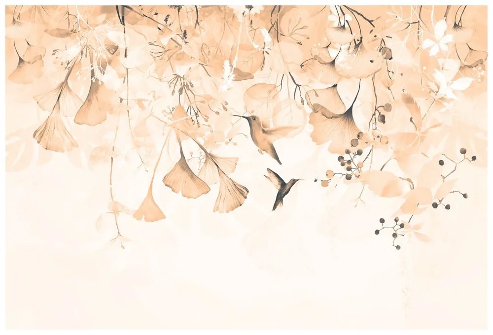 Carta da parati – Foglie con Colibrì in Tonalità Peach Fuzz