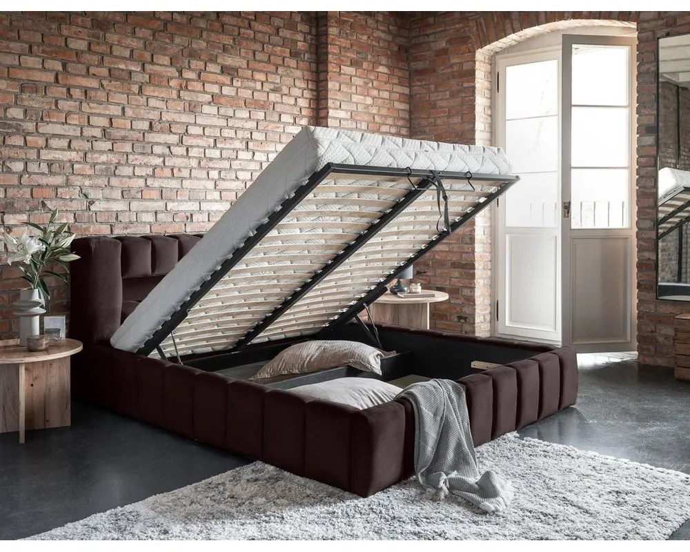Letto matrimoniale imbottito marrone scuro con contenitore con rete inclusa 180x200 cm Lamica – ELTAP