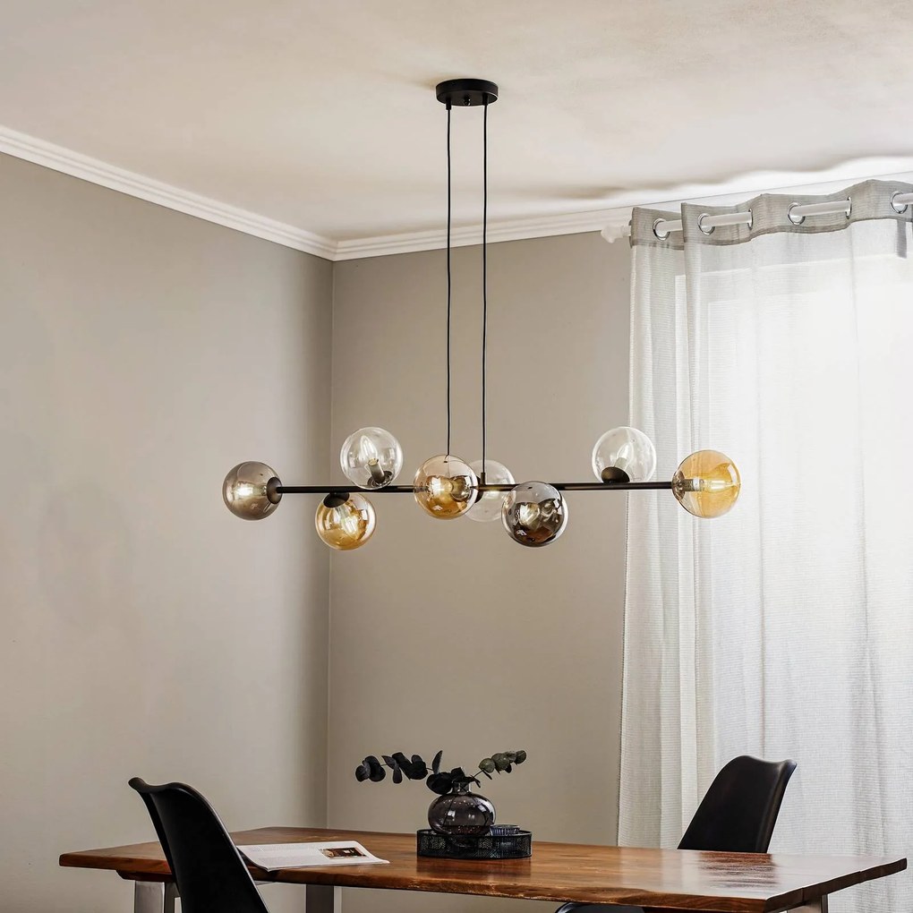 EMIBIG LIGHTING Lampada a sospensione Glassy, a 8 luci, nero, grafite/ambra/trasparente