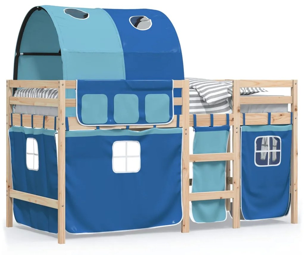 Letto a soppalco con tunnel bambini blu 90x200cm massello pino