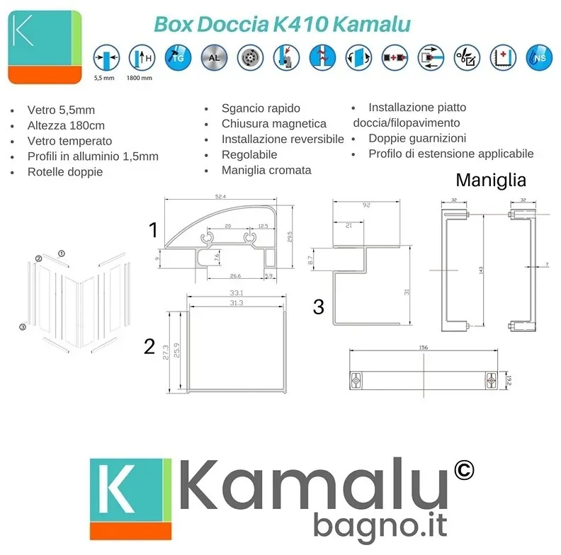 Kamalu - Box doccia tre lati 80x100x80 altezza 180 vetro opaco K410