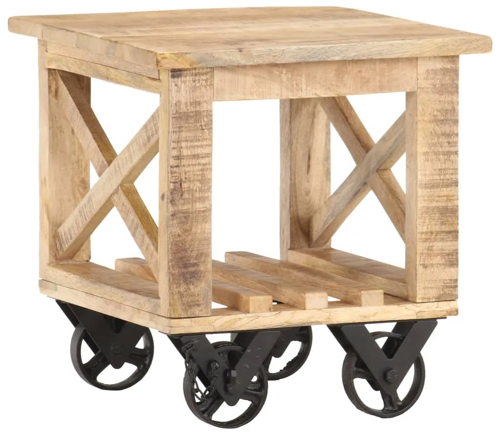 Tavolino Laterale Con Ruote 40x40x42cm İn Legno Di Mango Grezzo /