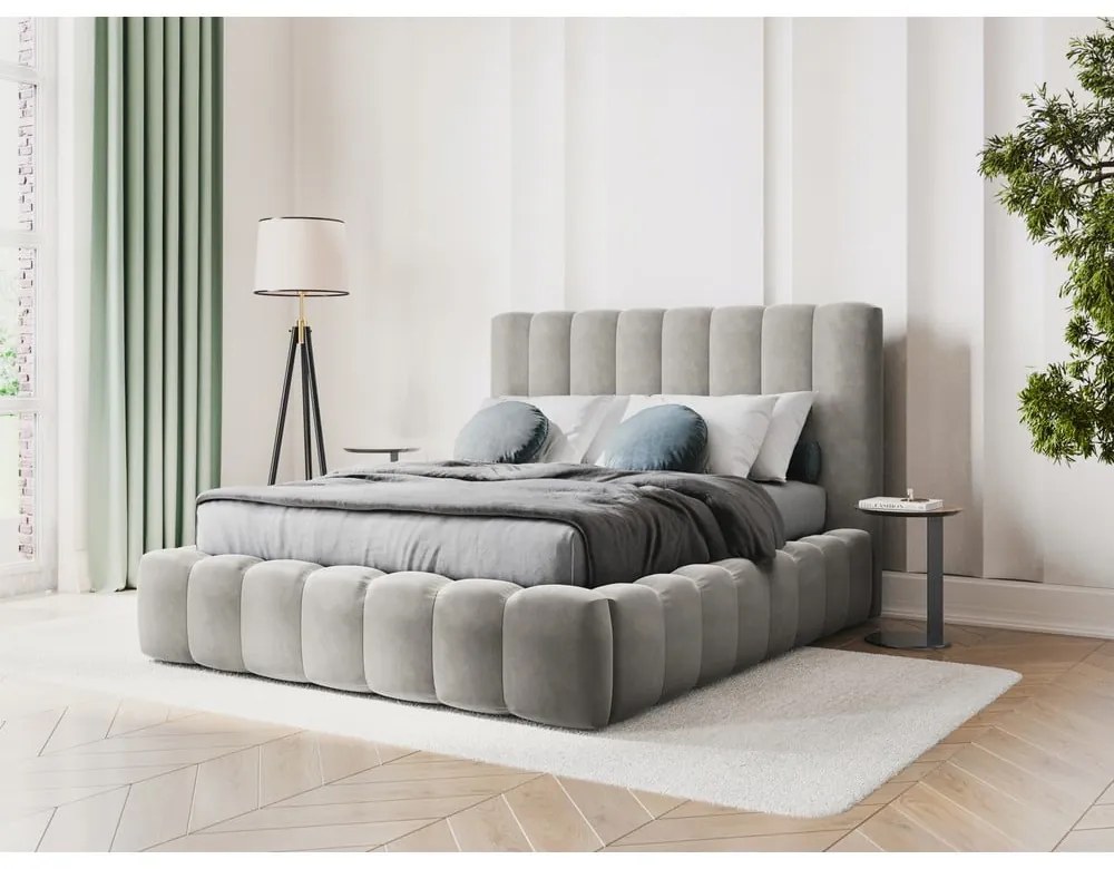 Letto matrimoniale imbottito grigio chiaro con vano contenitore con griglia 160x200 cm Kelp - Micadoni Home