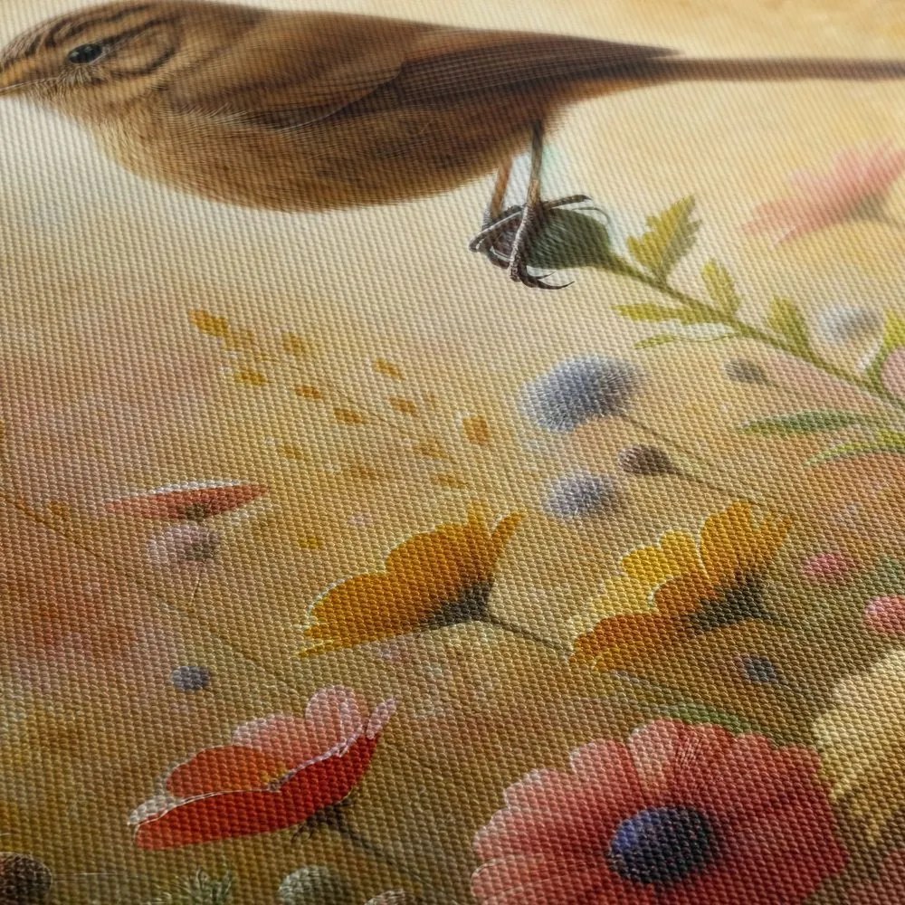 Quadro su tela – Uccellino tra i fiori del prato