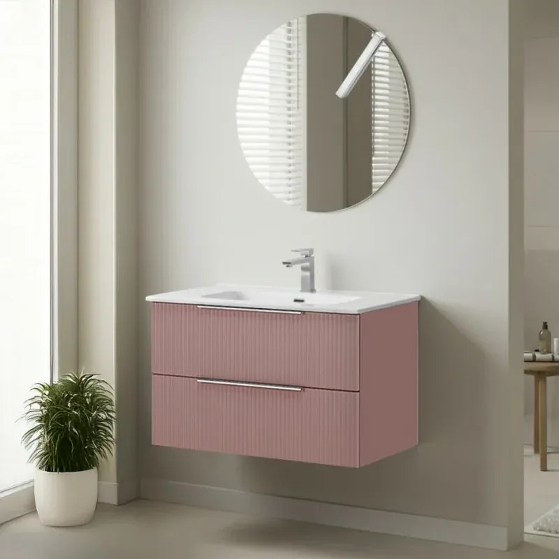 Mobile bagno sospeso 80 cm rosa cannettato con lavabo e specchio tondo Zena