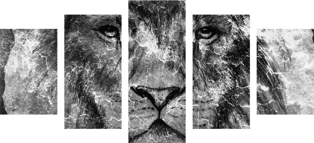 Quadri 5 pezzi – Volto di leone in bianco e nero