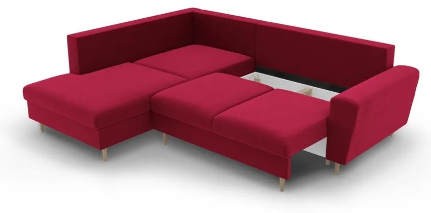 Divano angolare rosso allungabile e con contenitore (con penisola a sinistra/a L) con rivestimento in velluto Kyoto – Cosmopolitan Design