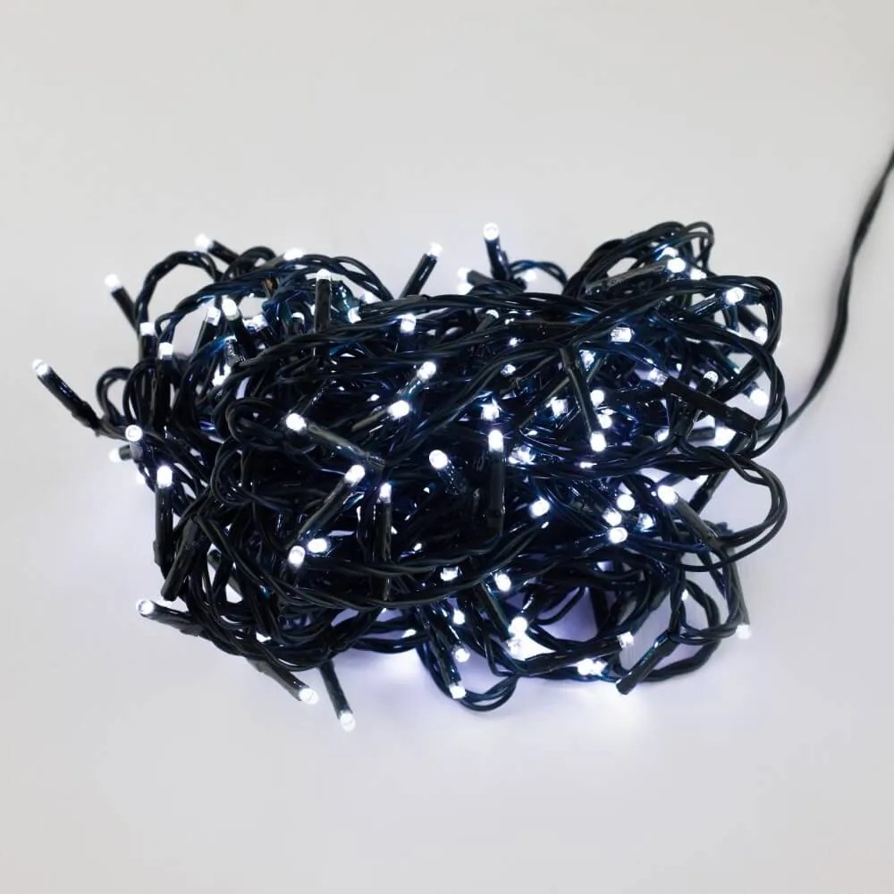 Catenaria Natalizia LED 12m IP44, 8 GIOCHI DI LUCE, Cavo VERDE Colore Bianco Freddo 7500 - 8500 °K