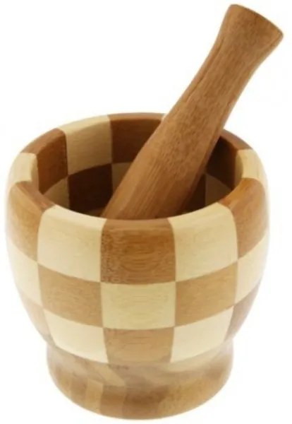 Trade Shop - Mortaio Pestello Manuale 11.5x10 Cm In Bamboo Legno Per Pesto Spezie Condimento