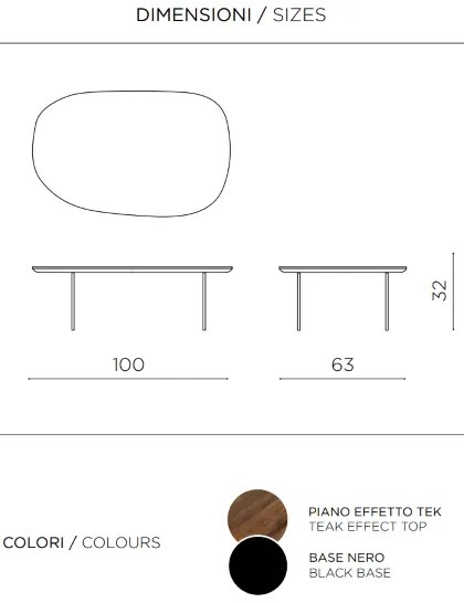 Tavolino con piano sagomato in legno Tek e base in metallo - FLUX Large
