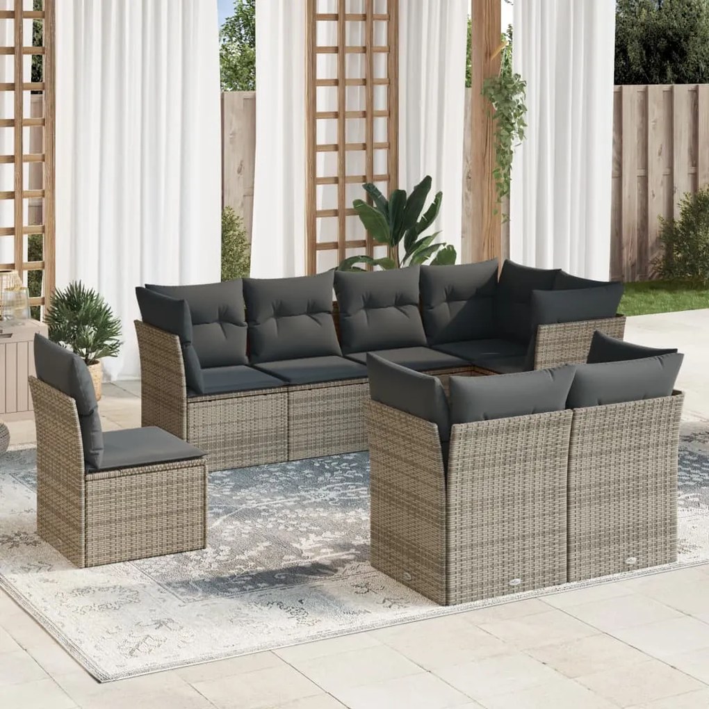 Set divano da giardino 8 pz con cuscini grigio in polyrattan