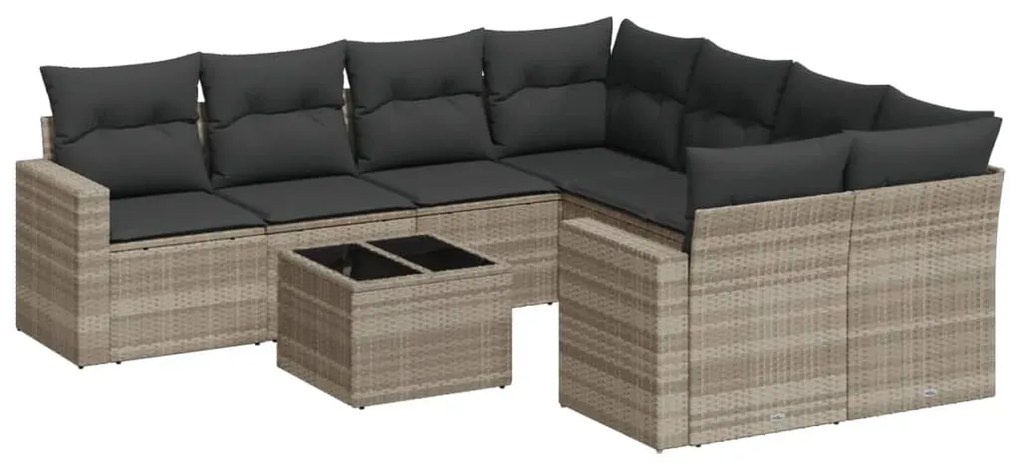 Set divano da giardino 9pz con cuscini grigio chiaro polyrattan
