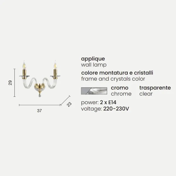 Applique 37 cm RAVEL 2 luci in vetro lavorato a mano Cromo