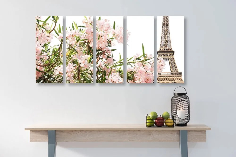 Quadri 5 pezzi – Torre Eiffel e fiori rosa