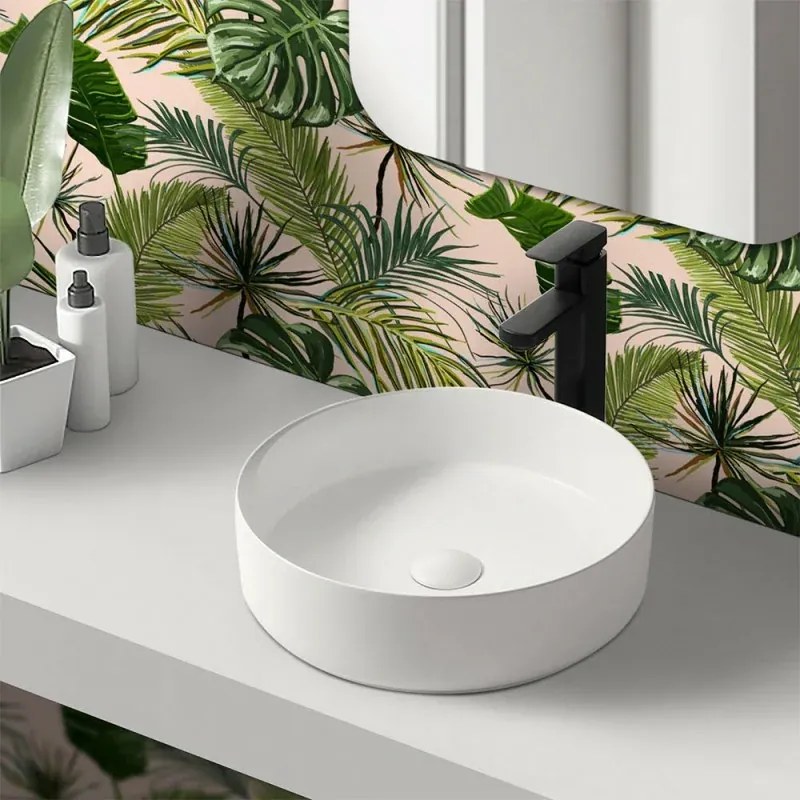 Lavandino da appoggio 40 cm design tondo in ceramica bianco opaco