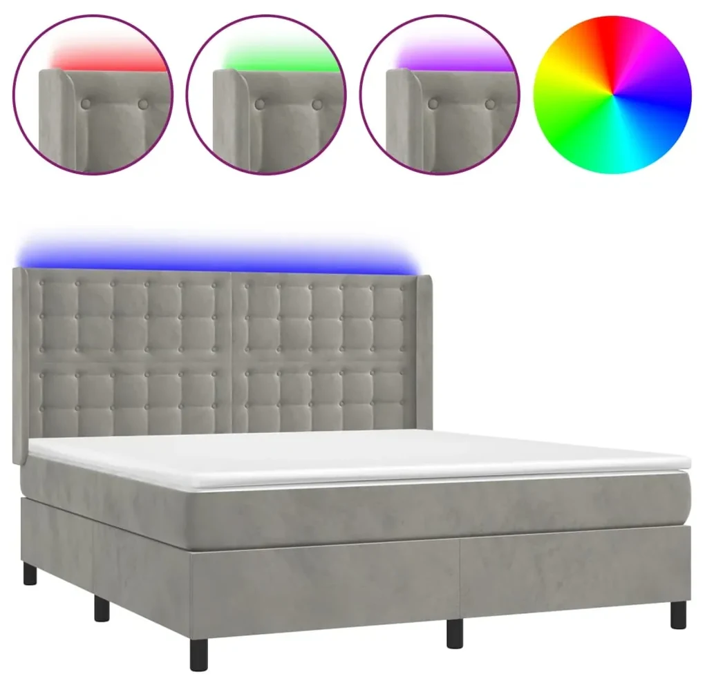 Letto a molle materasso e led grigio chiaro 180x200 cm velluto