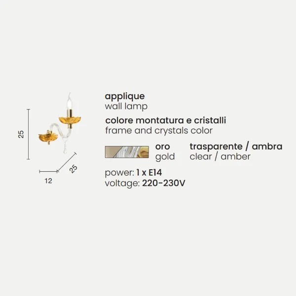 Applique da parete PATRICIA 12x25 cm in vetro e cristallo Ambra 1 Luce