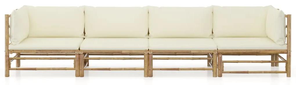Set divani da giardino 4 pz con cuscini bianco crema in bambù