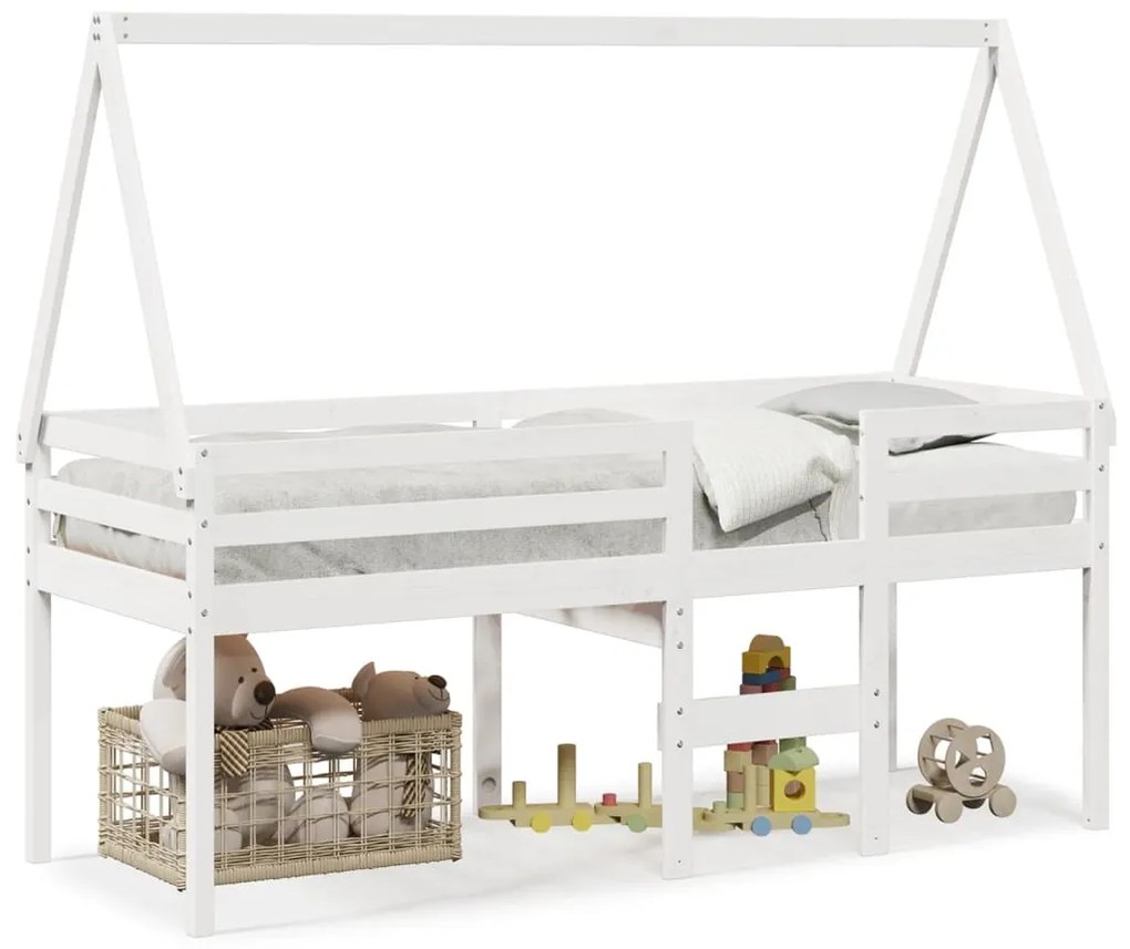 Letto A Soppalco Con Tetto Bianco 75x190 Cm İn Legno Di Pino /