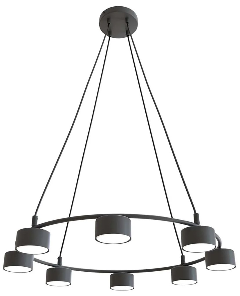 Lampadario Moderno 8 Luci Starlit In Acciaio Nero Ad Anello E Cilindri