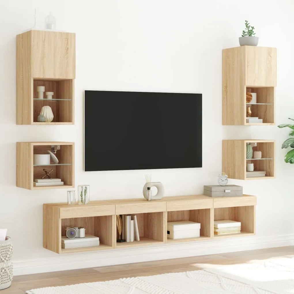 Mobili tv a parete con luci led 2pz rovere sonoma 30x28,5x30 cm