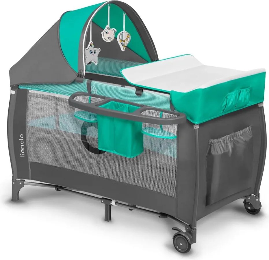 Lionelo - Lettino da viaggio SVEN PLUS grigio/turchese