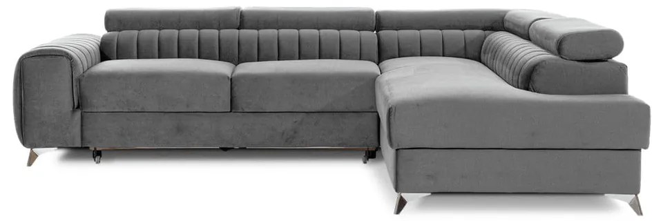 Divano angolare grigio allungabile/con contenitore (con penisola a destra/a L) e rivestimento in velluto Laurence – ELTAP