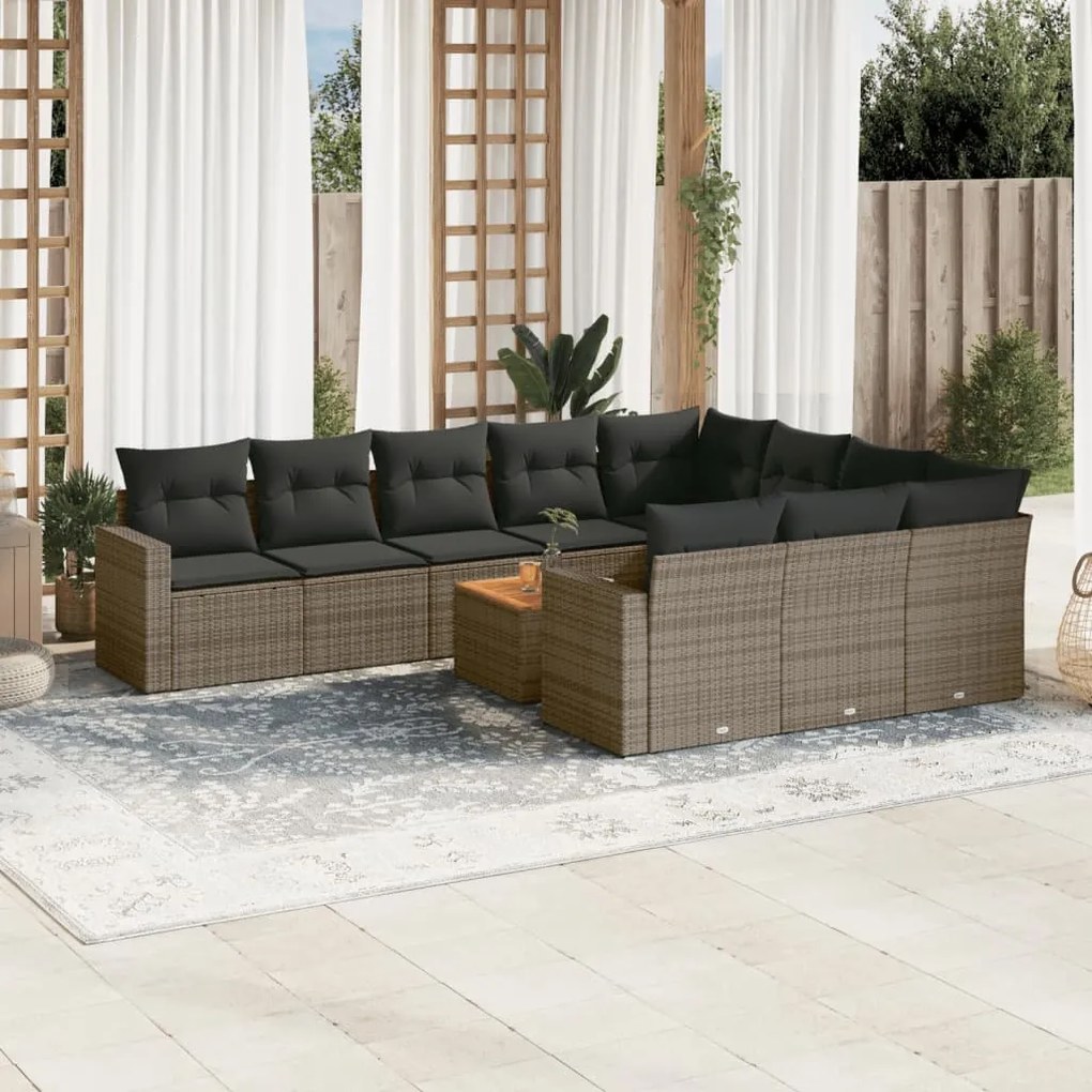 Set divani da giardino 11 pz con cuscini in polyrattan grigio