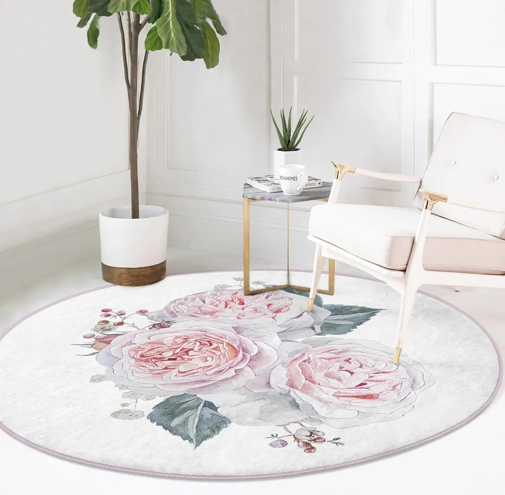 Tappeto rotondo lavabile bianco e rosa adatto ai robot aspirapolvere ø 100 cm Comfort - Mila Home