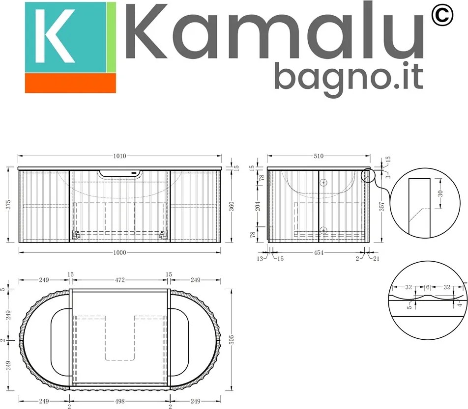 Mobile bagno curvo 100 cm cannettato con lavabo integrato | KAM-NORTH-P100 - KAMALU