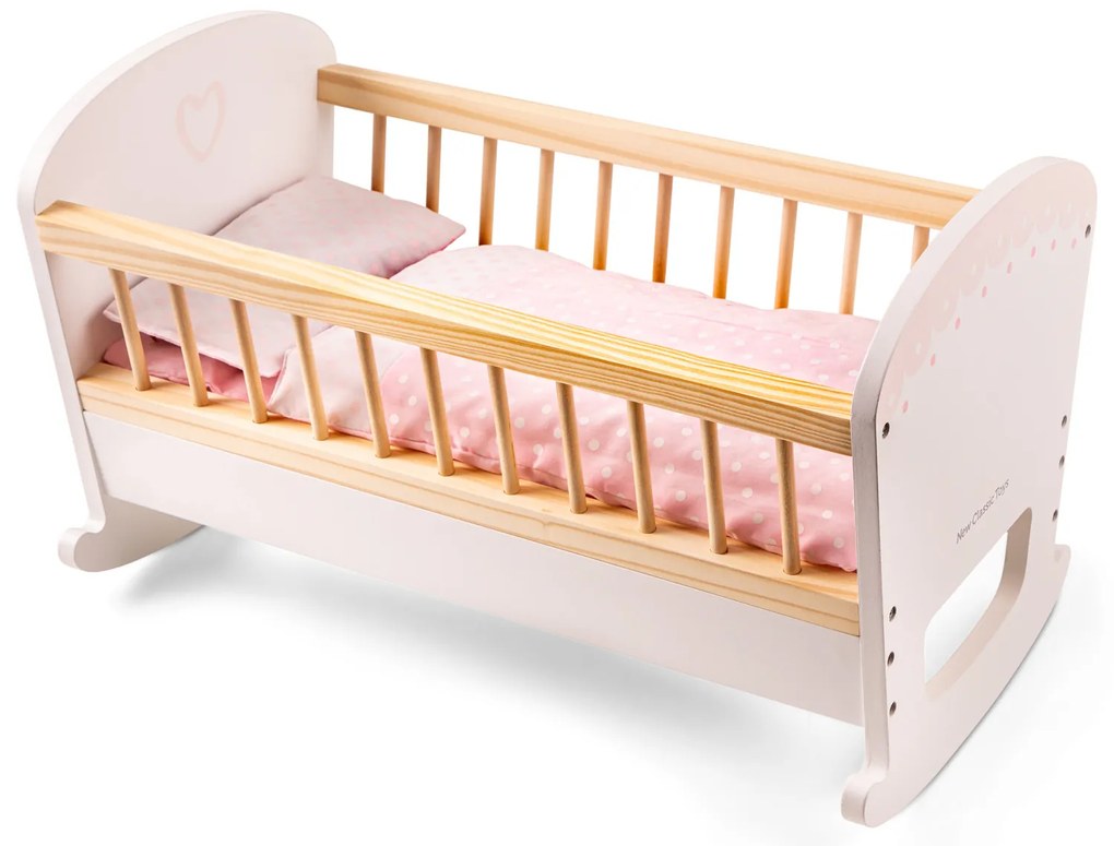 Culla per bambole in legno con materasso, coperta e cuscino