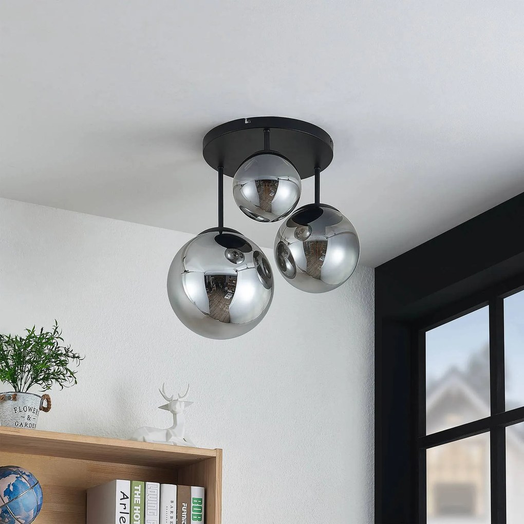 Plafoniera soffitto Teeja Lindby, dimmerabile, Nero, Soggiorno / Sala da pranzo, Vetro, Moderno, Plafoniera