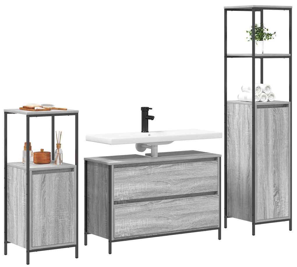 Set di mobili per bagno 3 pezzi grigio legno ingegnerizzato