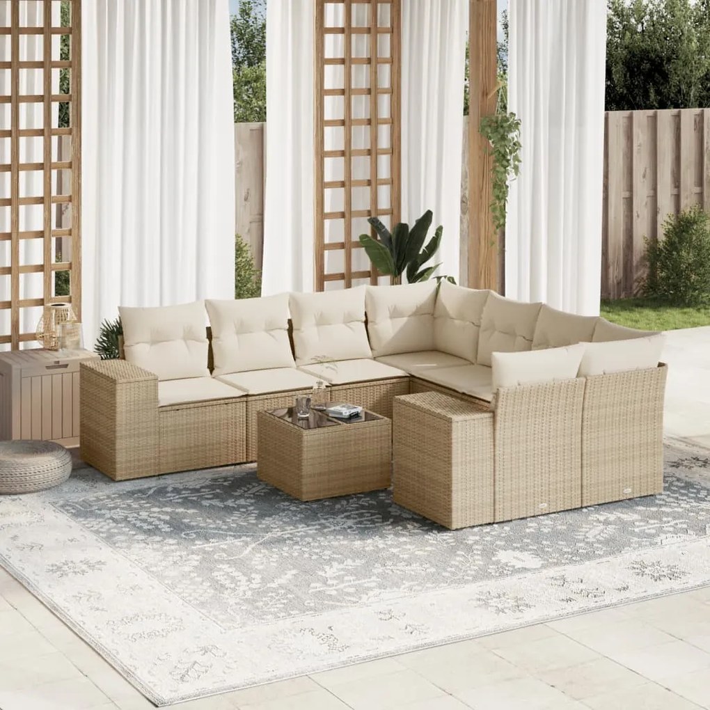 Set Divano da Giardino 9 pz con Cuscini Beige in Polyrattan