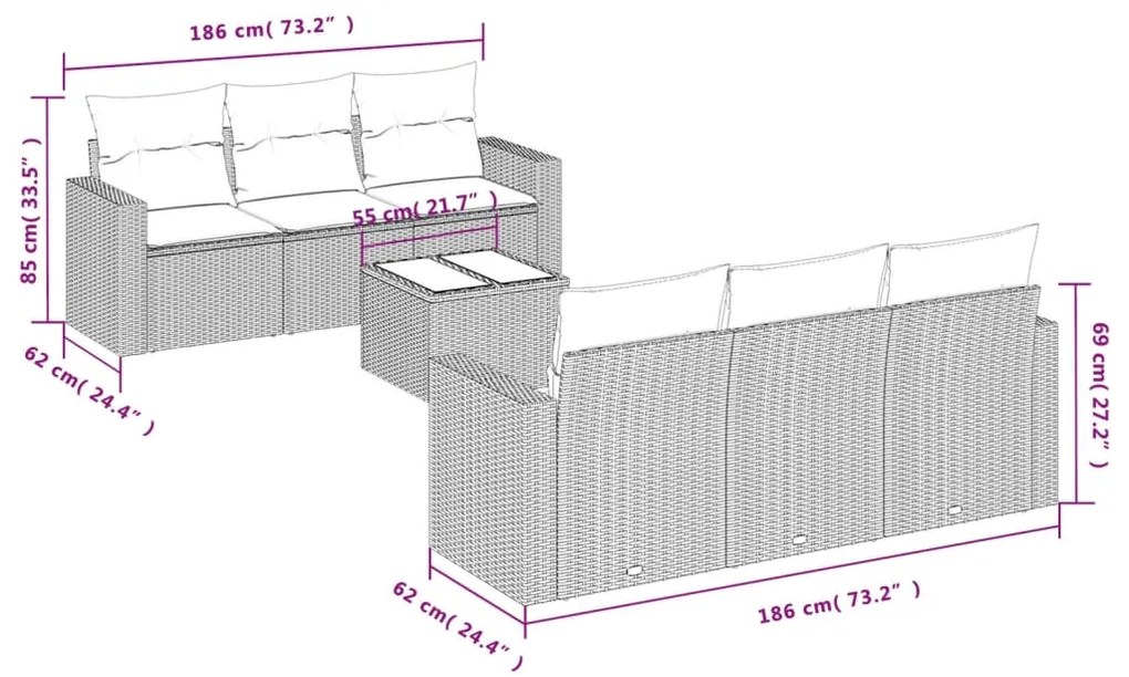 Set divani da giardino 7 pz con cuscini beige in polyrattan